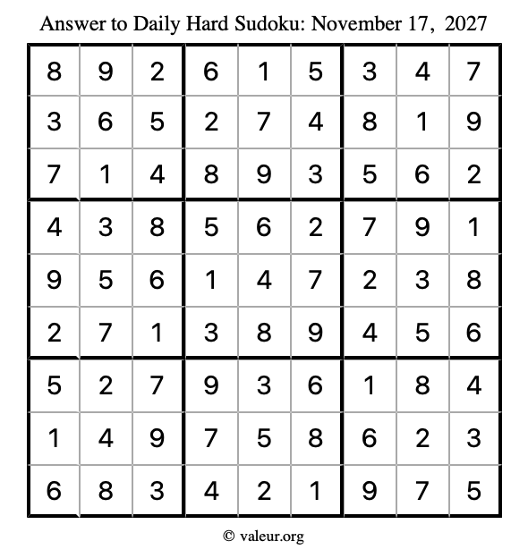 Answer to hard sudoku November 17, 2027