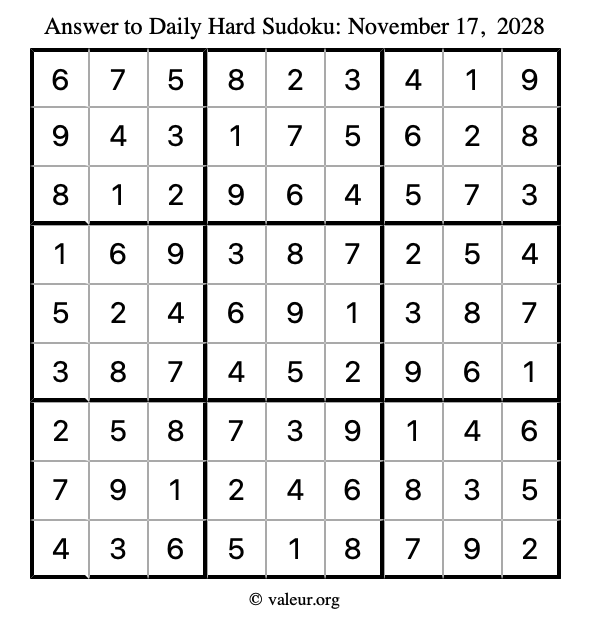 Answer to hard sudoku November 17, 2028