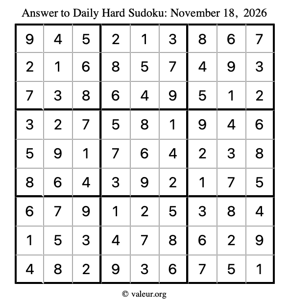 Answer to hard sudoku November 18, 2026