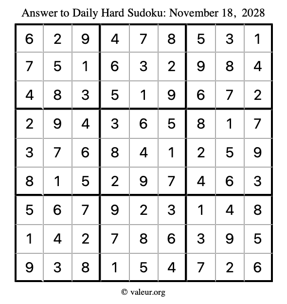 Answer to hard sudoku November 18, 2028