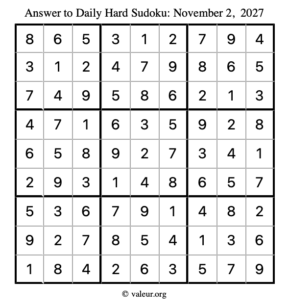 Answer to hard sudoku November 2, 2027