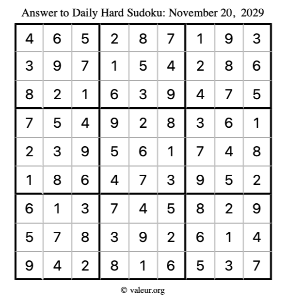 Answer to hard sudoku November 20, 2029