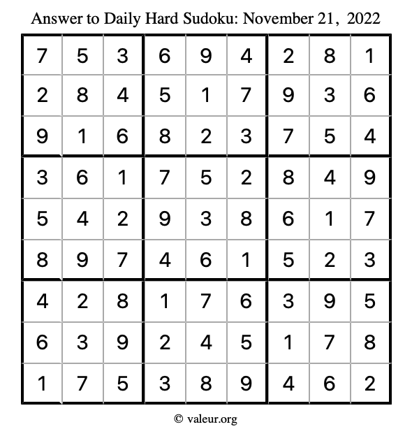 Answer to hard sudoku November 21, 2022