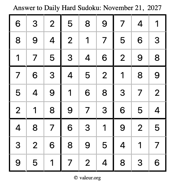 Answer to hard sudoku November 21, 2027
