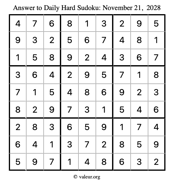 Answer to hard sudoku November 21, 2028