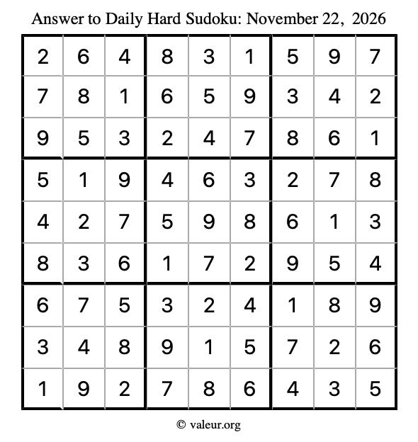 Answer to hard sudoku November 22, 2026