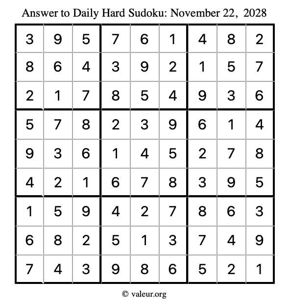 Answer to hard sudoku November 22, 2028