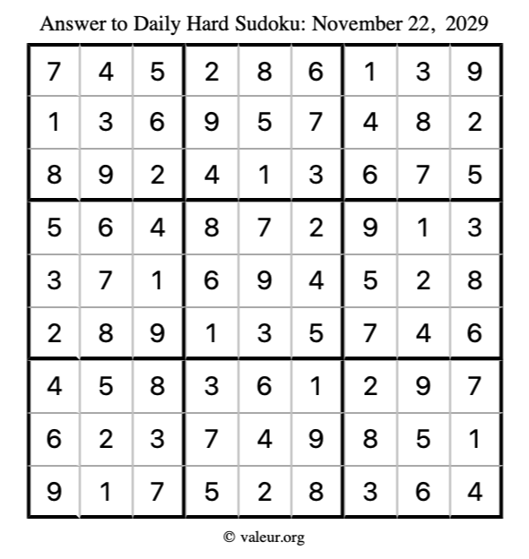 Answer to hard sudoku November 22, 2029