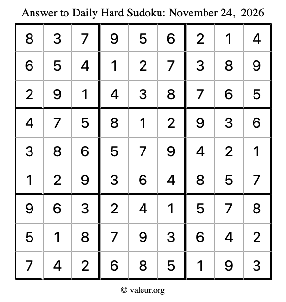 Answer to hard sudoku November 24, 2026