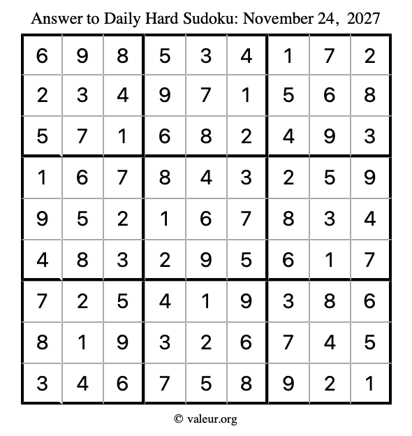 Answer to hard sudoku November 24, 2027