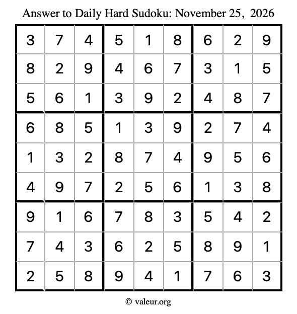 Answer to hard sudoku November 25, 2026