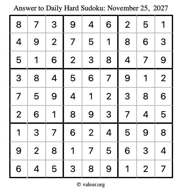 Answer to hard sudoku November 25, 2027
