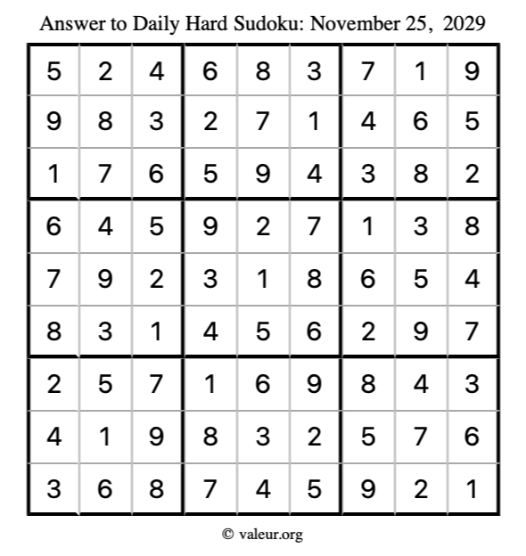 Answer to hard sudoku November 25, 2029