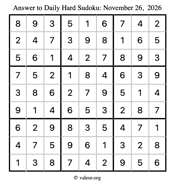 Answer to hard sudoku November 26, 2026