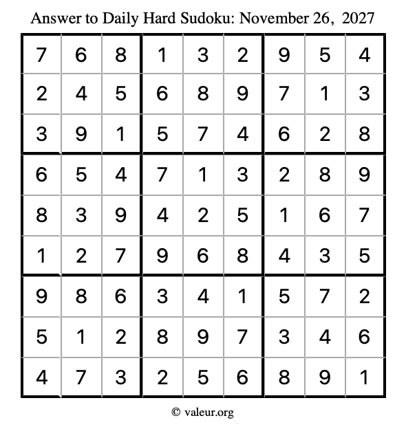 Answer to hard sudoku November 26, 2027