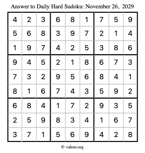 Answer to hard sudoku November 26, 2029