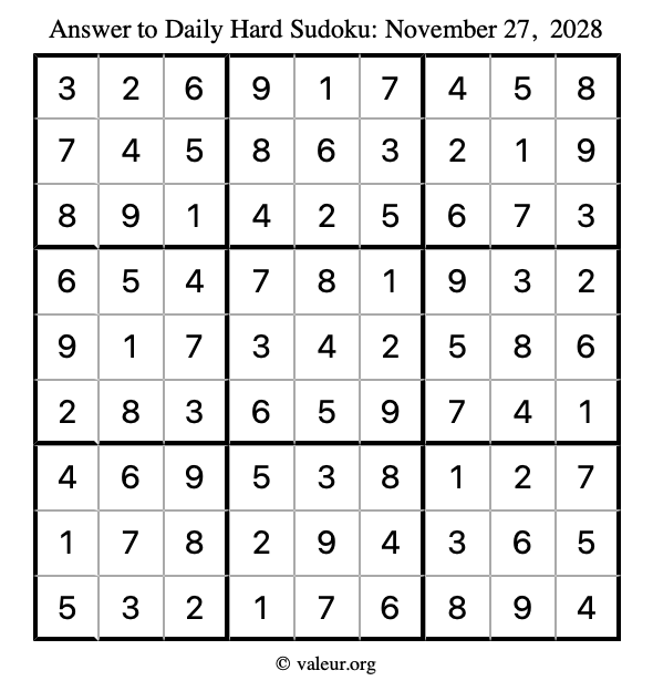 Answer to hard sudoku November 27, 2028