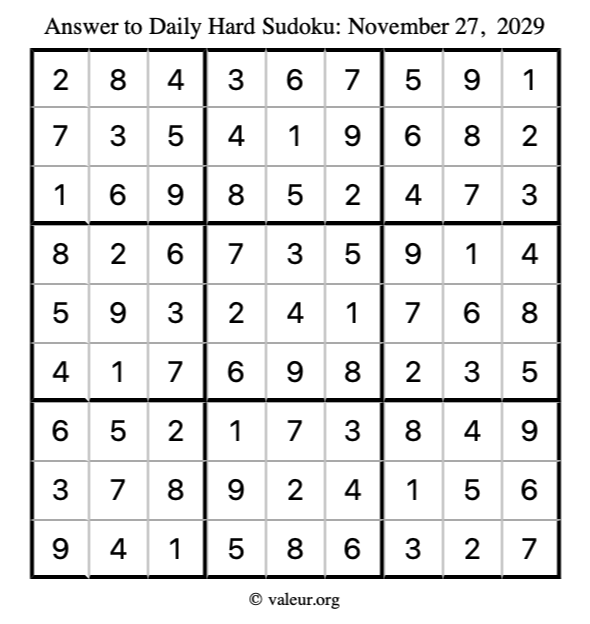 Answer to hard sudoku November 27, 2029