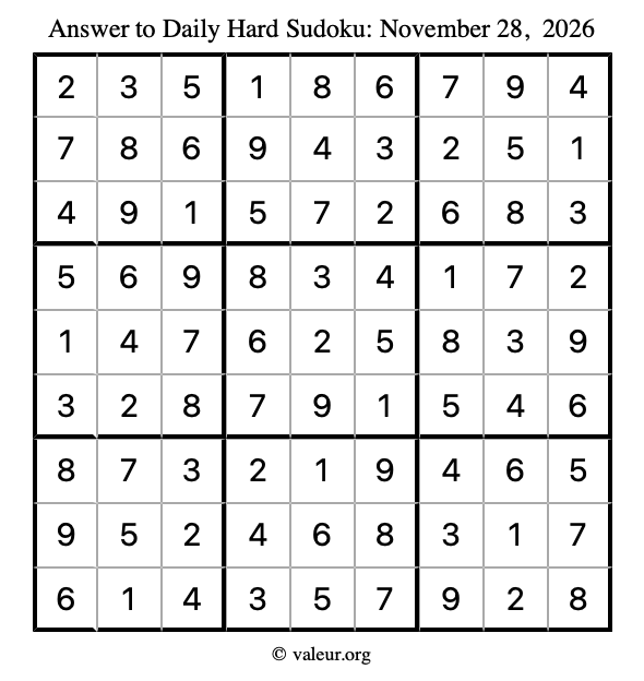 Answer to hard sudoku November 28, 2026