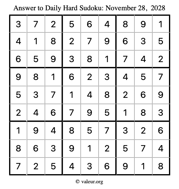 Answer to hard sudoku November 28, 2028