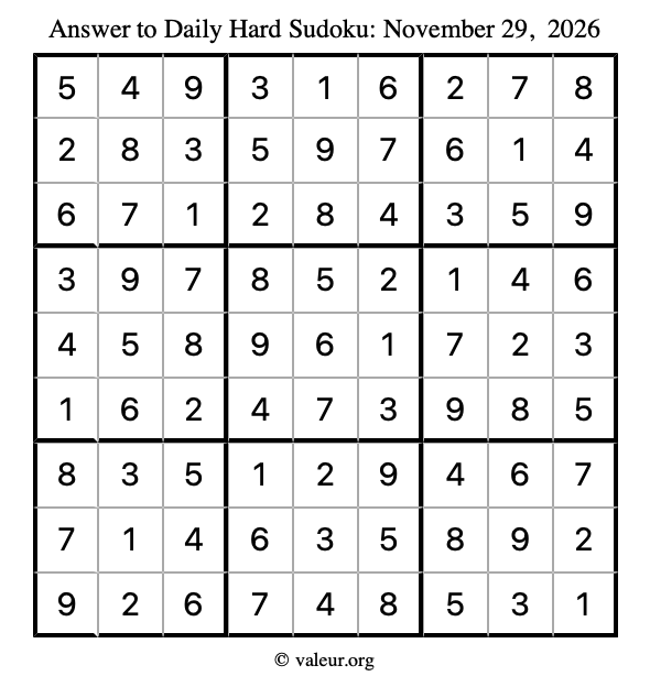 Answer to hard sudoku November 29, 2026