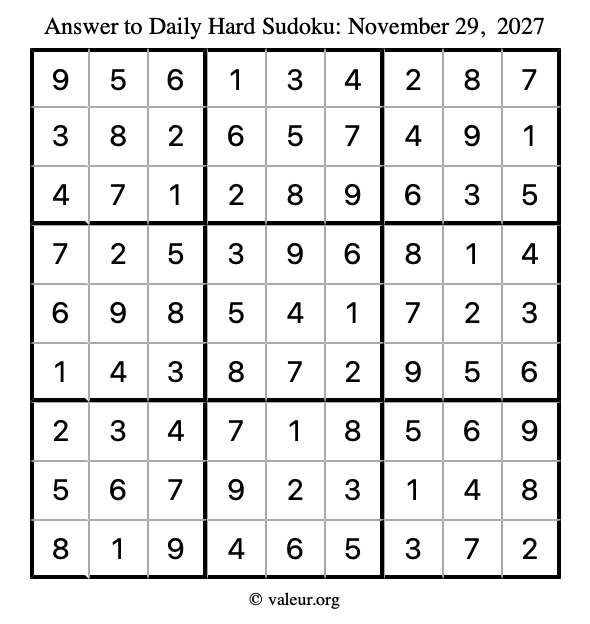 Answer to hard sudoku November 29, 2027