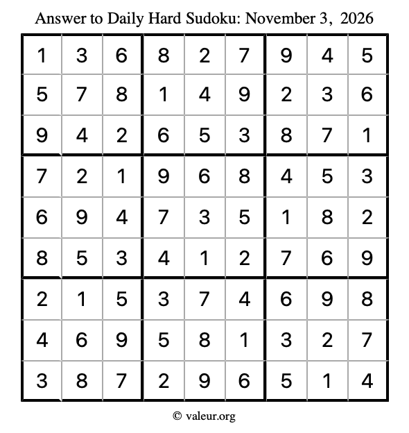 Answer to hard sudoku November 3, 2026
