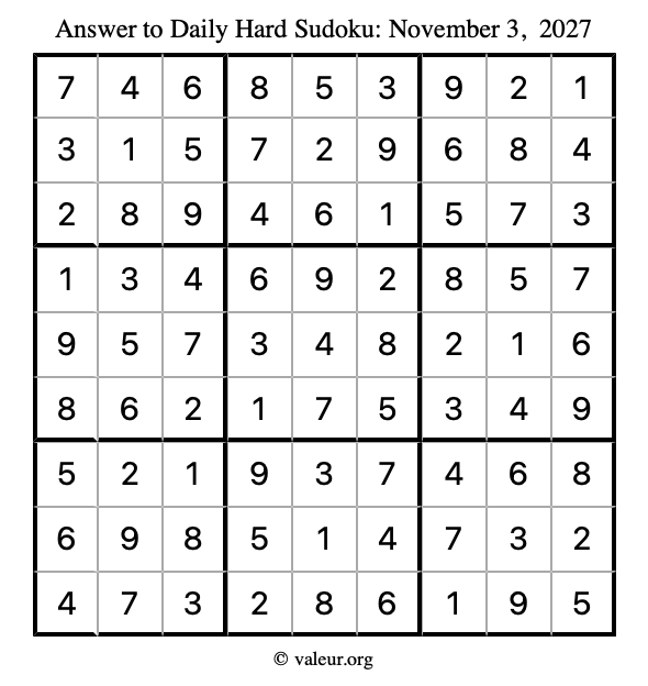 Answer to hard sudoku November 3, 2027
