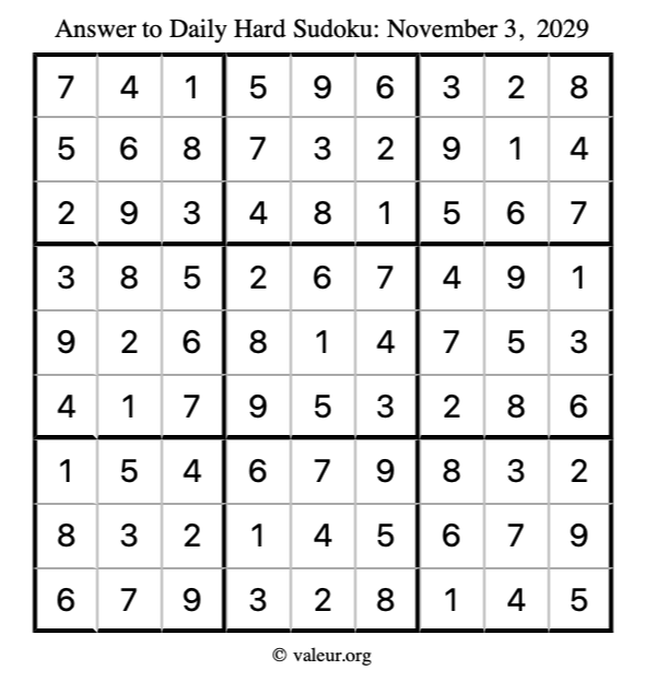 Answer to hard sudoku November 3, 2029