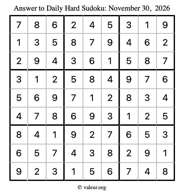 Answer to hard sudoku November 30, 2026