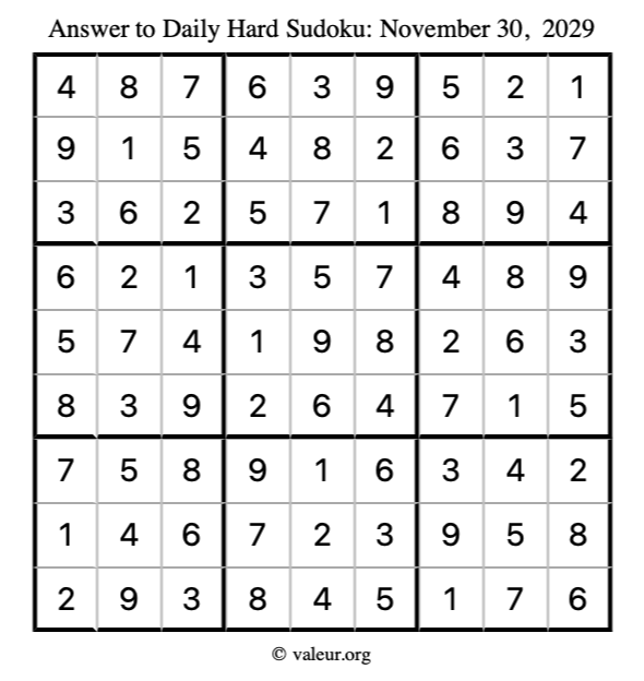 Answer to hard sudoku November 30, 2029