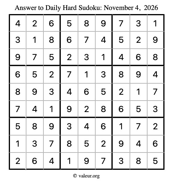 Answer to hard sudoku November 4, 2026