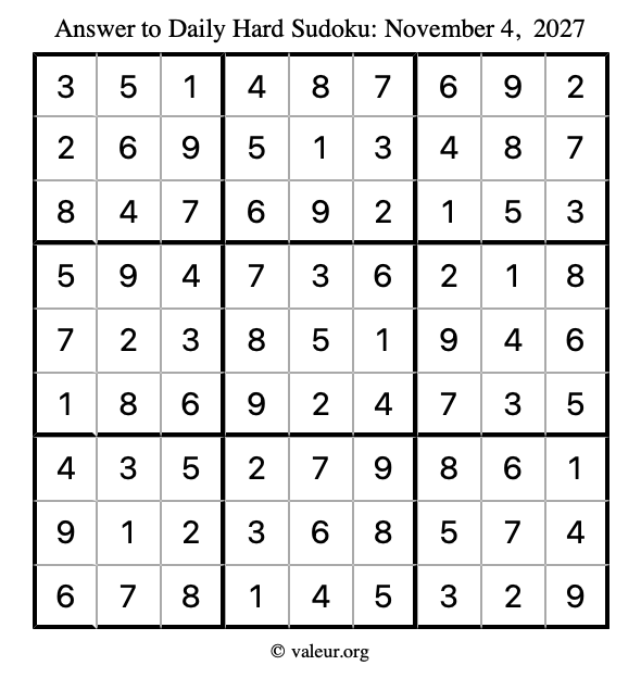 Answer to hard sudoku November 4, 2027