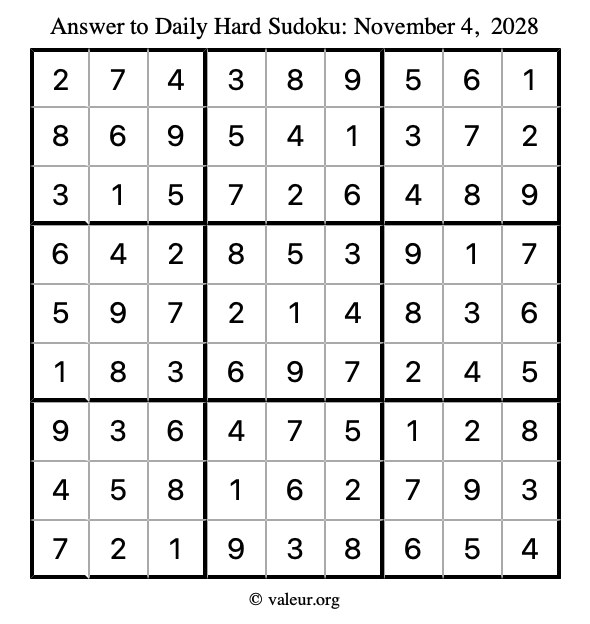 Answer to hard sudoku November 4, 2028