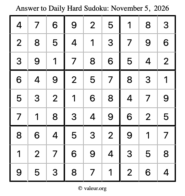Answer to hard sudoku November 5, 2026