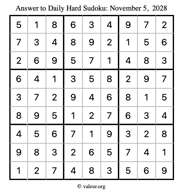 Answer to hard sudoku November 5, 2028