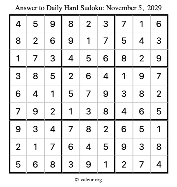 Answer to hard sudoku November 5, 2029