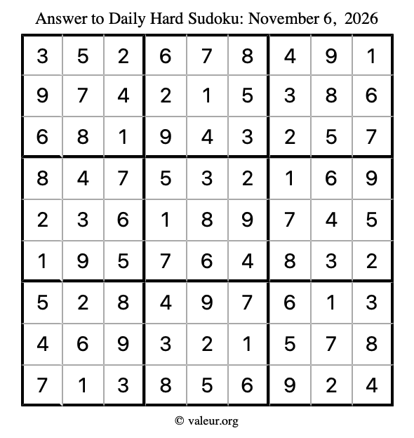 Answer to hard sudoku November 6, 2026