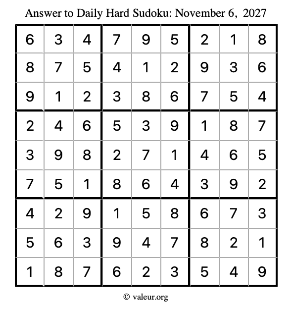 Answer to hard sudoku November 6, 2027