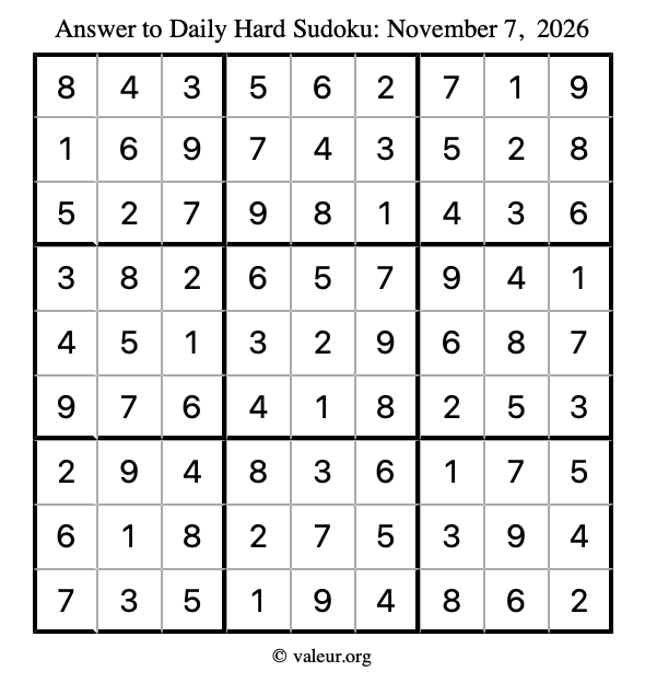 Answer to hard sudoku November 7, 2026