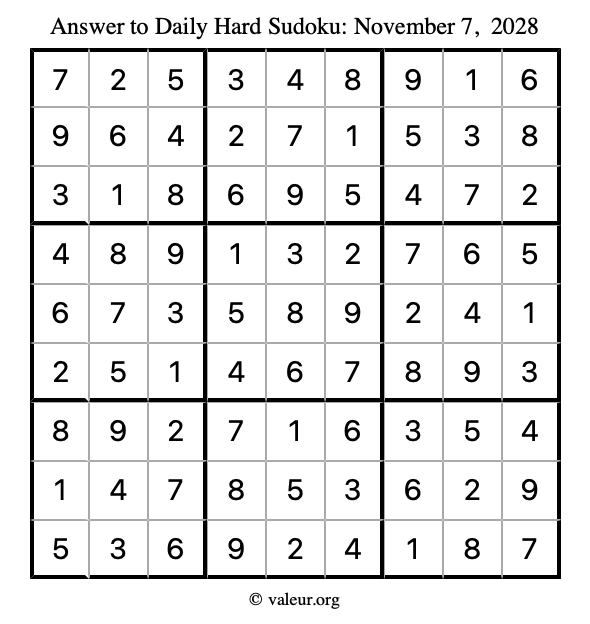 Answer to hard sudoku November 7, 2028