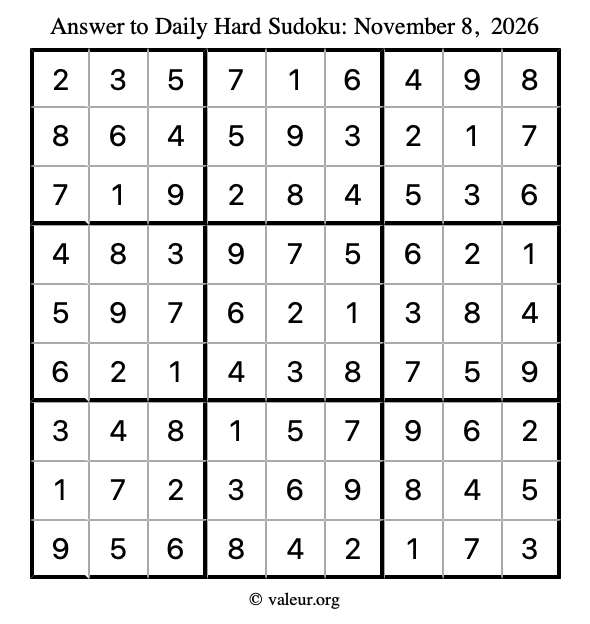Answer to hard sudoku November 8, 2026