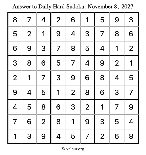 Answer to hard sudoku November 8, 2027