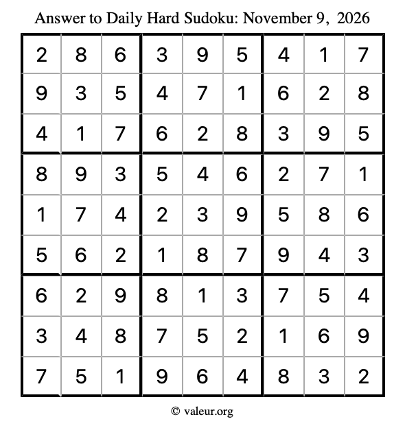 Answer to hard sudoku November 9, 2026
