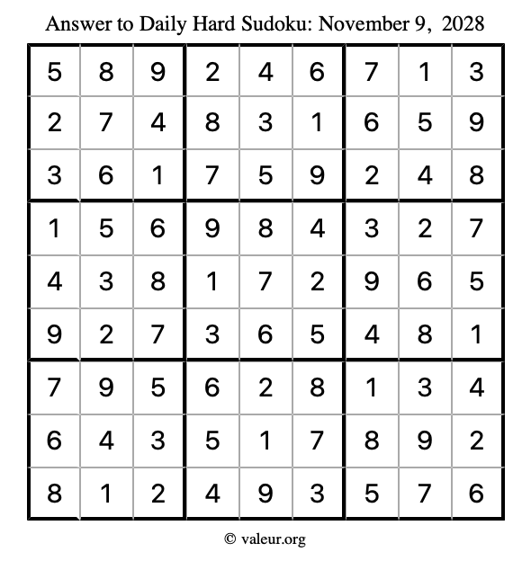 Answer to hard sudoku November 9, 2028