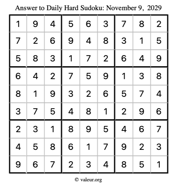 Answer to hard sudoku November 9, 2029