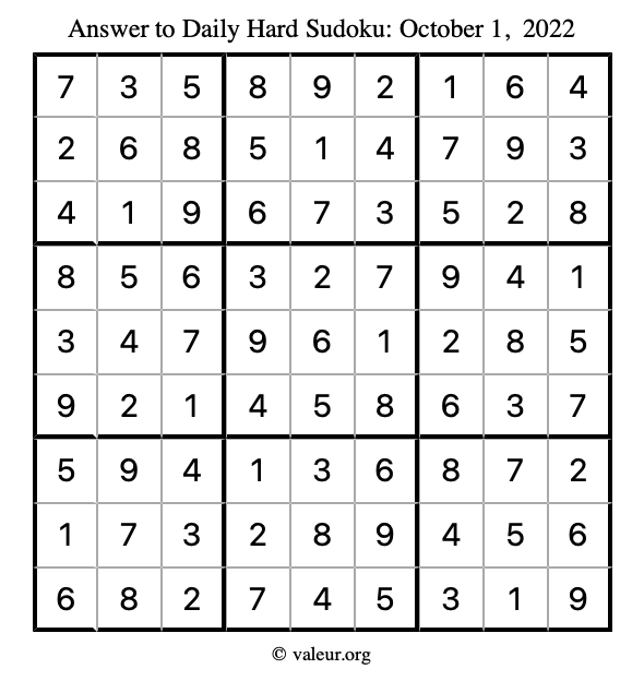 Answer to hard sudoku October 1, 2022