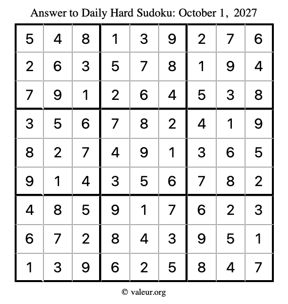 Answer to hard sudoku October 1, 2027