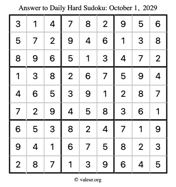 Answer to hard sudoku October 1, 2029