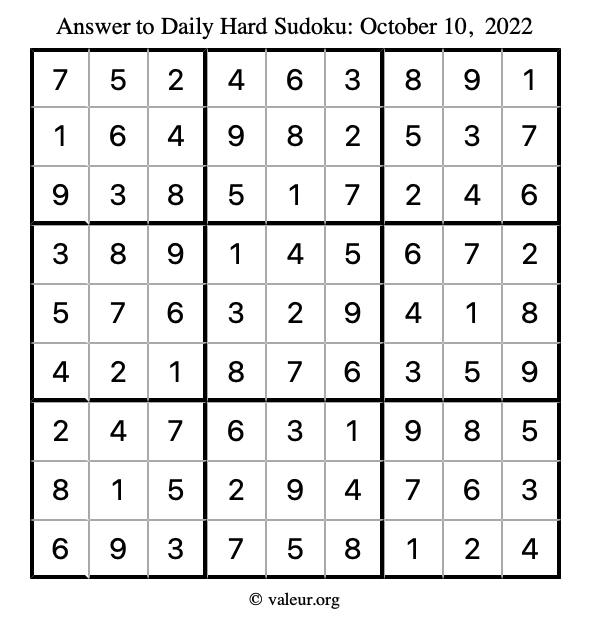 Answer to hard sudoku October 10, 2022